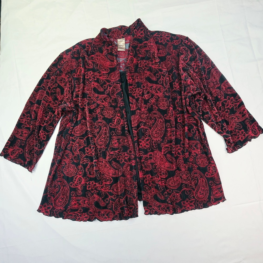 White Stag Womens 26W-28W Cardigan Red Black Paisley Pleated Open Front Jacket